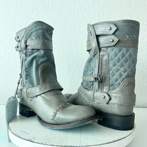 NEW Lane Boots Womens Gray Leather Canvas Mid-Calf Western Moto Style Zip Size 8 - Picture 1 of 12